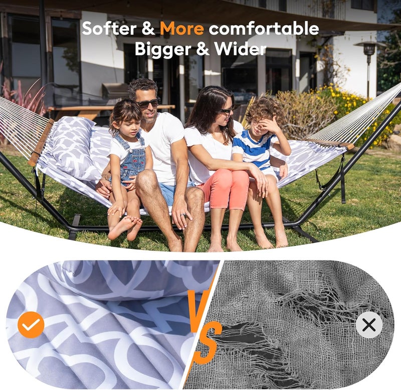 Everyfun Double Hammock with Spreader Bar,Soft Pillow,Max Load 500lbs,Portable Hammock for Outdoor,Camping,and Backyard,White Gray - Image 4